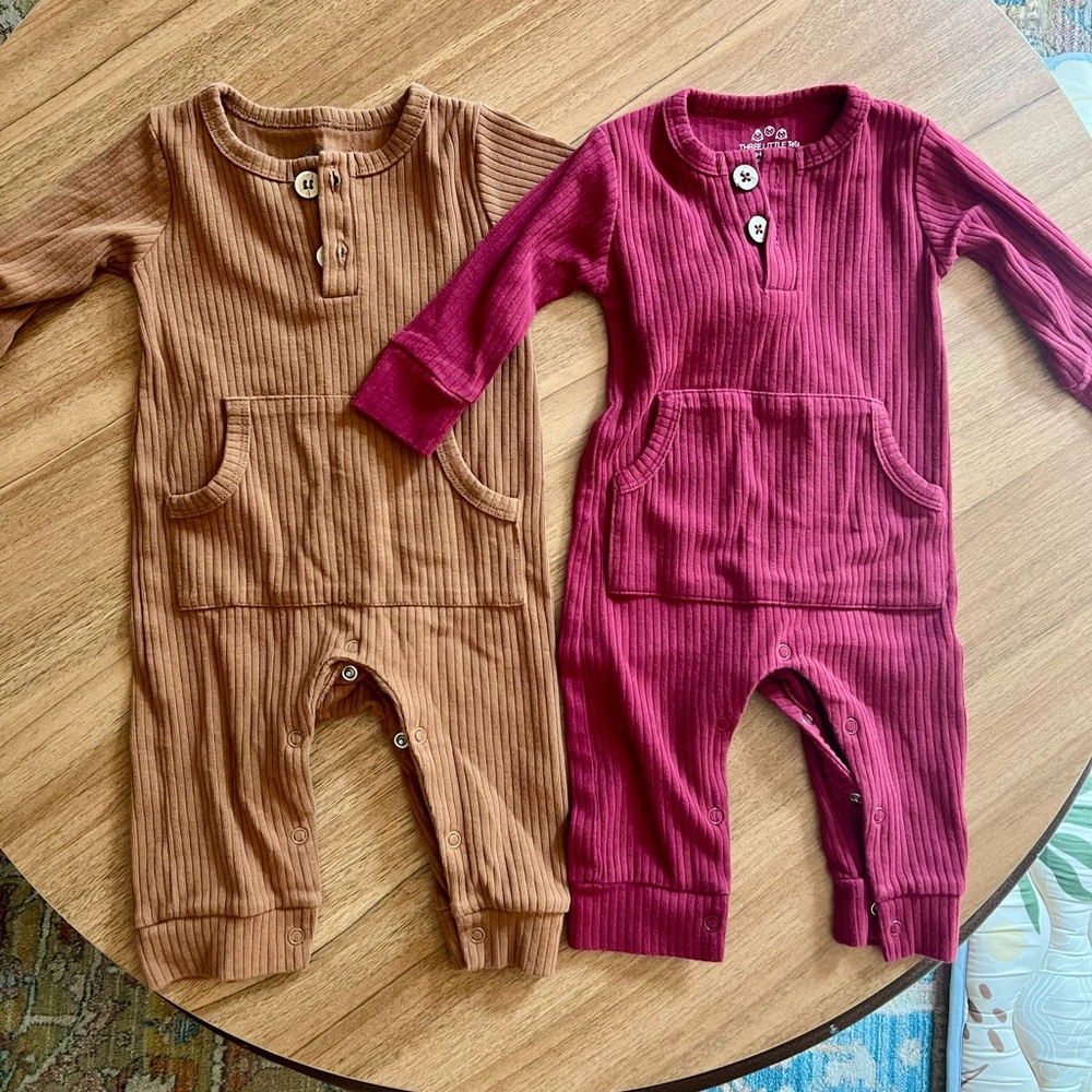 Ribbed Kids Bodysuit Set - Brown and Red